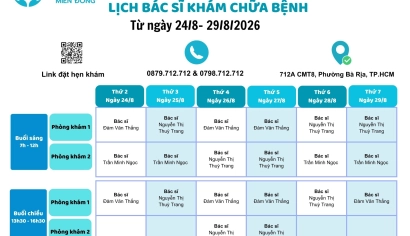 LỊCH KHÁM CHỮA BỆNH BÁC SĨ TỪ NGÀY 24/8-29/8/2026