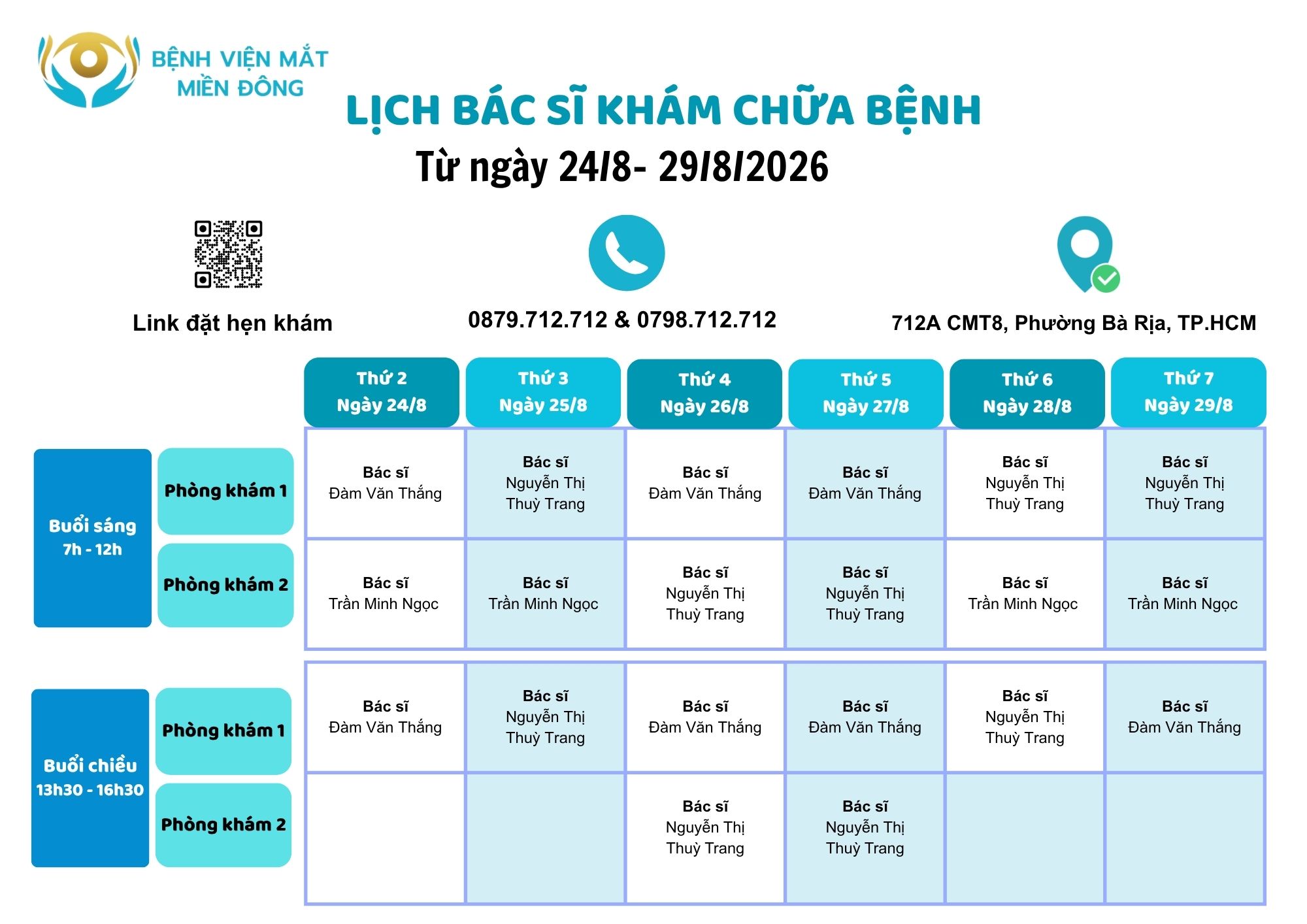 Lịch khám chữa bệnh bác sĩ từ ngày 24-29/8/2026